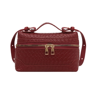 Dark red woven leather handbag with gold hardware and top handle for women