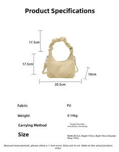 Detailed size specifications for the pleated cloud shoulder bag with dimensions and strap length