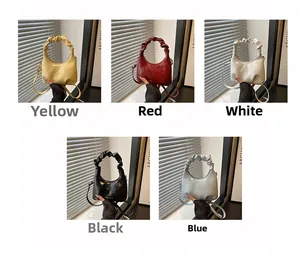 Detailed grid of ruched chain handbags in yellow, red, white, black, and blue colors