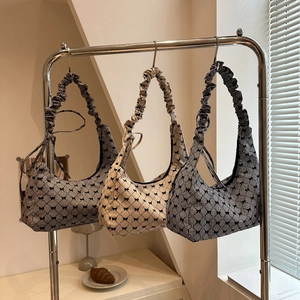 Women Gingham Canvas Shoulder Bag Bowknot Ruched Strap Hobo Tote Retro Sweet Handbag Casual Bag