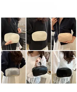 Collage of mini crossbody bags in ivory, beige, silver, and black with chain straps