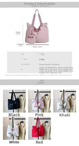 Size chart for drawstring canvas tote bag including large and small dimensions and fabric info