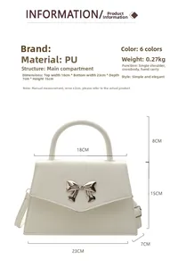 Detailed size specifications of white PU leather trapezoid handbag with metal bow detail