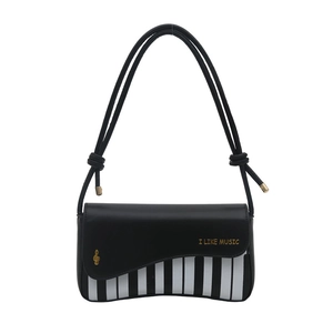 Piano key pattern crossbody bag with gold music note buckle and contrast stitching