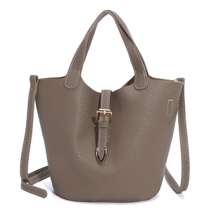 Litchi pattern leather bucket bag in taupe with belt buckle and gold hardware