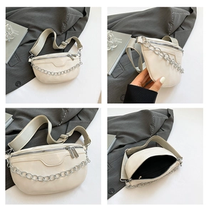 Detail of cream-white sling bag with silver chain and wide fabric strap in four views