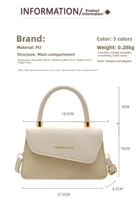 Detailed dimension chart showing size and PU leather texture of beige crossbody bag