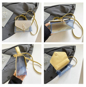 Detail of transparent blue PVC crossbody bag with yellow glitter flap and metal S-lock
