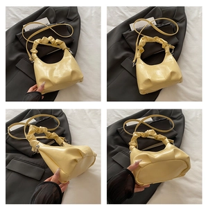 Detailed four-angle view of pale yellow pleated handbag with half-moon shape and PU leather