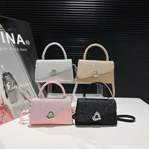 Sparkly V-shaped shoulder bags with heart metal buckle in four stylish colors