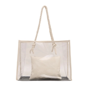 Minimalist clear PVC tote bag with cream leather pouch and thick cotton rope handles