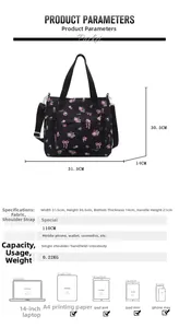 Detailed view of black floral tote bag showing 31.5cm x 30.5cm dimensions and capacity
