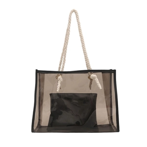 Brown transparent PVC tote bag with white rope handles and black inner pouch