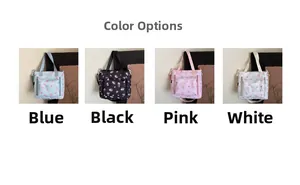Floral tote bags displayed in blue, black, pink, and white with dual handles and zip pockets