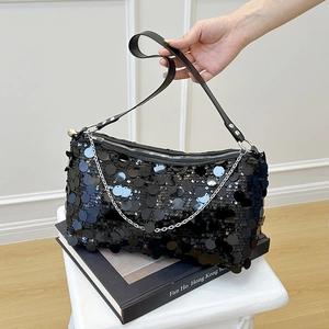 Sparkly black sequin underarm bag for evening parties with silver chain strap detail