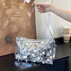 Sparkly silver sequin hobo bag with metal chain strap for women party fashion