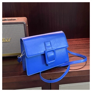 Detail of blue rectangular crossbody bag with square buckle on dark wooden surface