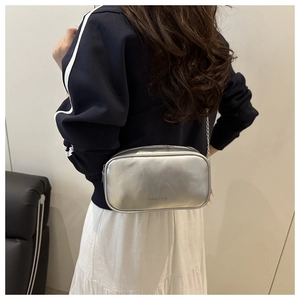 Silver metallic mini crossbody bag with chain strap shown against a pleated skirt