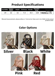 Detailed size chart and multi-color options for quilted rhombus mini crossbody bag