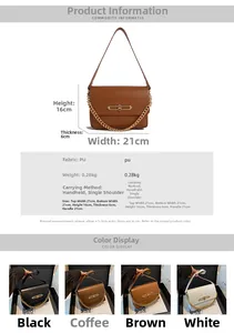 Detail view of stylish crossbody bag showing dimensions 21cm x 16cm with golden lock
