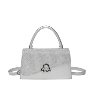 Silver sequin handbag with heart metal buckle and crossbody strap for women