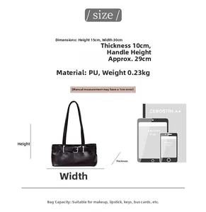 Size chart showing handbag dimensions 30x15x10cm with PU material and weight info