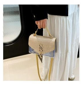 Detail of transparent square bag with gold glitter flap and metallic fringe tassels