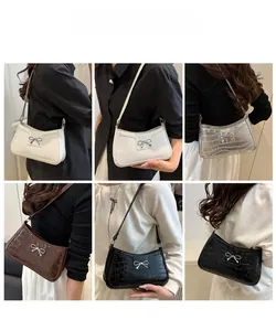 Collage of six photos showing various color options of the bow-decorated shoulder bag