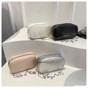 Minimalist rectangular crossbody makeup bags in four colors with elegant silver chain straps