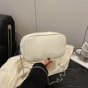Minimalist beige PU leather crossbody chain bag with silver Fashion & Bags lettering