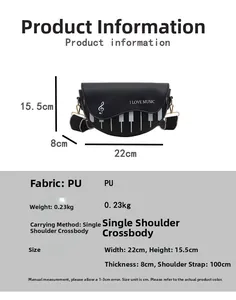 Spécifications de taille pour le sac selle piano noir avec détails imprimés musique