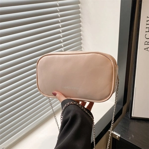 Minimalist beige chain shoulder bag with elegant metal strap and fashion text print