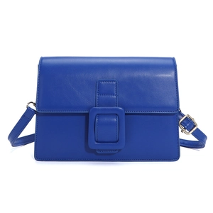 Chic blue leather crossbody bag with oversized square buckle and gold hardware