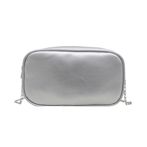 Minimalist silver metallic crossbody square bag with chain strap and top zipper closure
