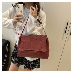 Close-up of a dark red crocodile pattern shoulder bag with a gold chain strap detail
