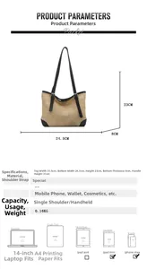 Detailed size specifications for woven contrast tote bag with leather strap and dimensions