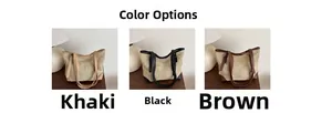 Straw woven tote bags displayed in khaki, black, and brown with leather straps on a wooden table