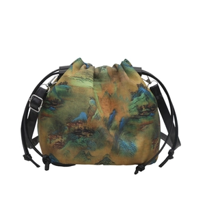 Minimalist drawstring bucket bag featuring traditional Chinese landscape art painting
