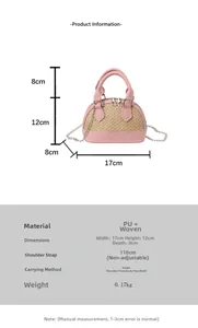 Detailed size chart for pink shell bag showing dimensions 17x12x8cm and chain strap length