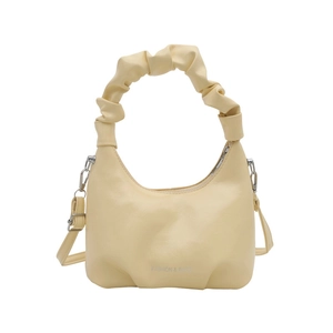 Chic beige pleated handbag with scrunchie handle and adjustable crossbody strap