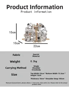 Detailed view of silver sequin bucket bag with gold chain strap and size specifications