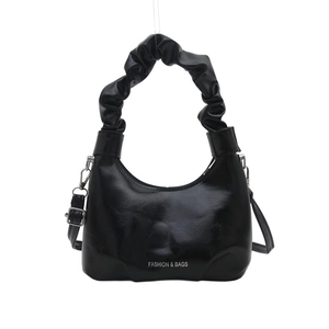 Chic black shiny PU leather moon bag with scrunchie handle and silver chain strap