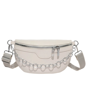 Off-white stylish PU leather chest bag with silver chain decor and wide strap