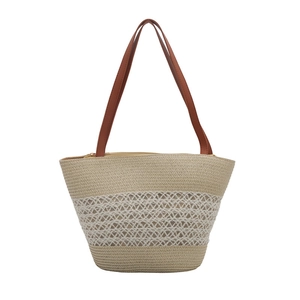 Contrast woven straw tote bag with brown leather straps and diamond pattern detail
