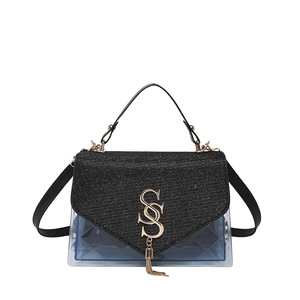 Quilted blue transparent square handbag with black lid and gold logo for 2025 summer fashion