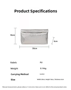 Detailed size chart of the silver woven envelope clutch with PU fabric dimensions