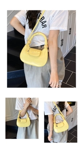 Three-view detail of yellow crescent moon bag with glossy finish and top handle