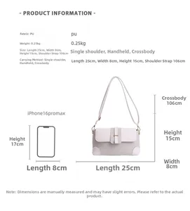 Detailed size chart for white PU leather crossbody bag including weight and strap length