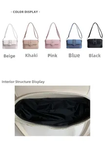 Detail showing five color options and internal structure of the textured shoulder bag