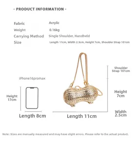 Dettagli della pochette dorata a forma di arachide con strass e confronto di dimensioni